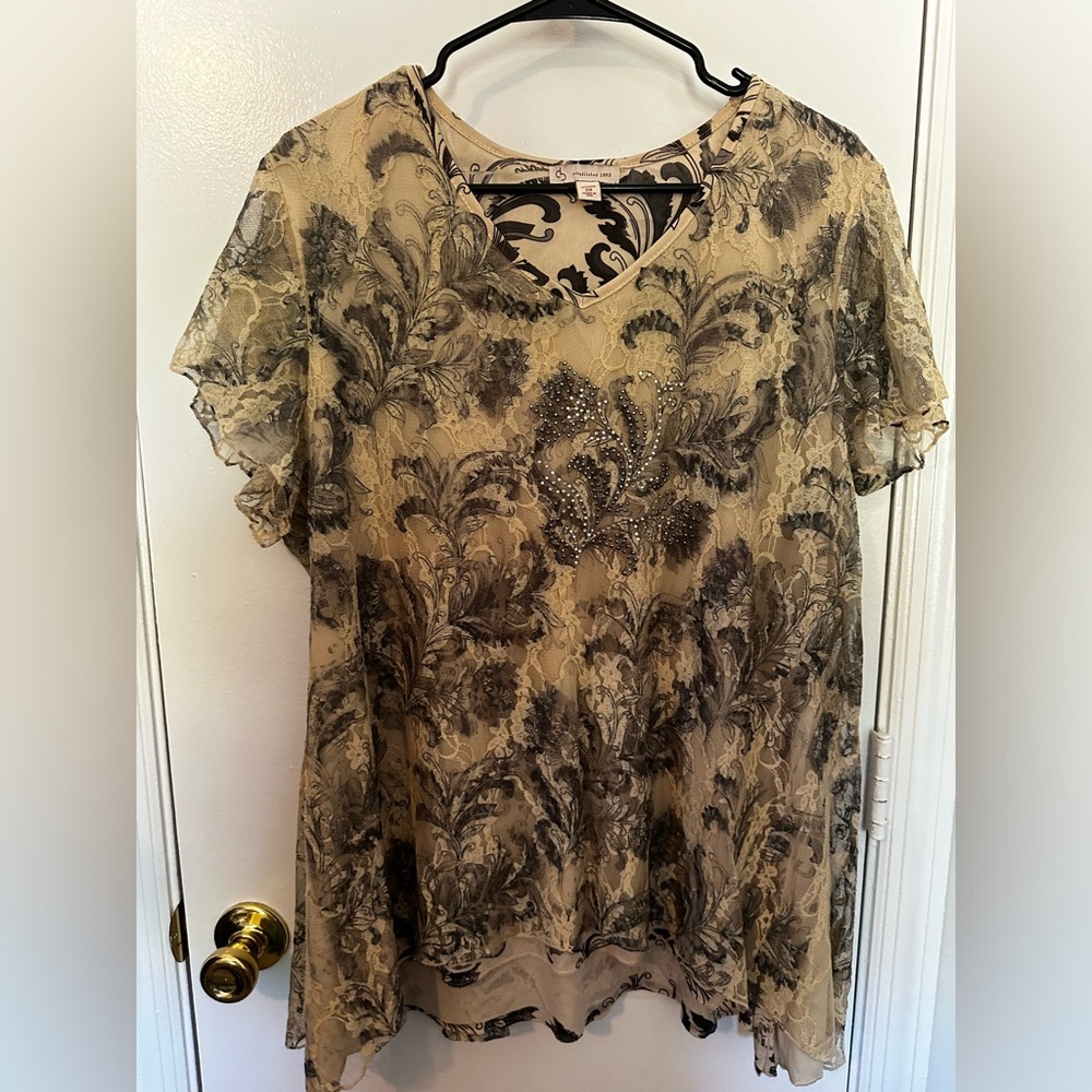 Women's plus size short sleeve sheer lace overlay blouse size 2X cream & black